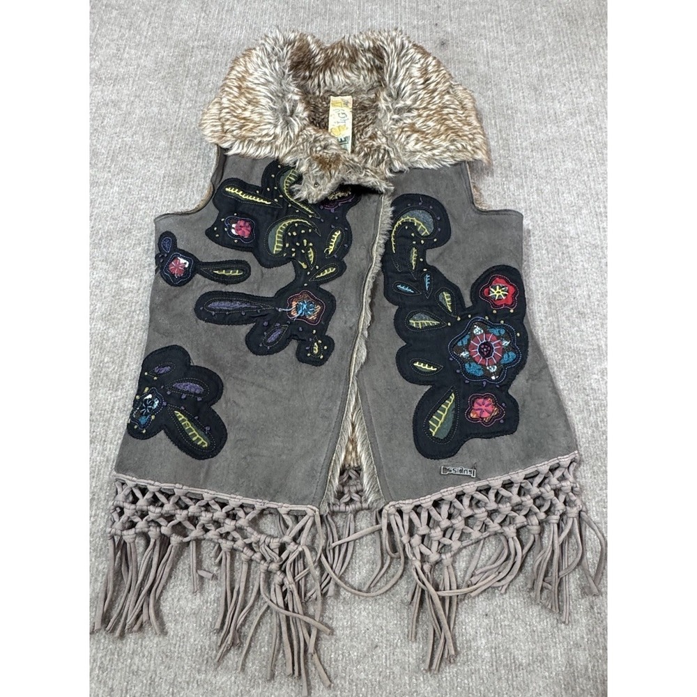 Desigual M Women Faux Fur Waistcoat Jacket Vest Crochet Fringe Embroidery Boho
